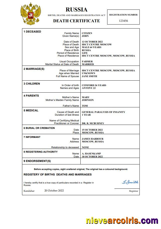 Russia death certificate